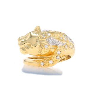 Yellow Gold Diamond Fierce Lion Cluster Bypass Ring -18k Rd.26ctw Big Cat Feline